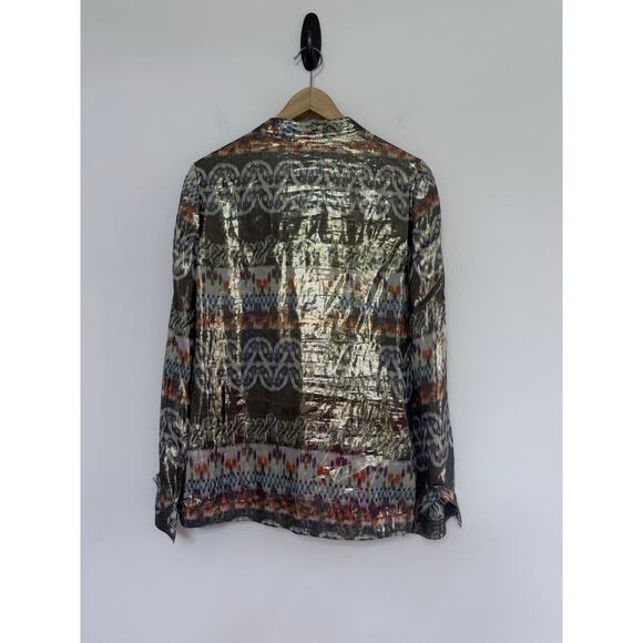 TORY BURCH purple orange green aztec print metallic silk long sleeve top blouse - Picture 9 of 10